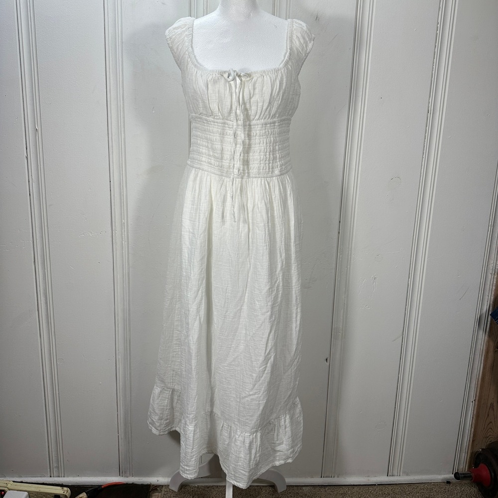 Japna Midi Dress Womens Medium White Ruffle Smocked Cotton Gauze Cottagecore